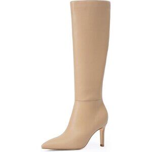 Women Nude Faux Leather Pointed Toe Tall  Stiletto High Heel Zipper Dress Boots